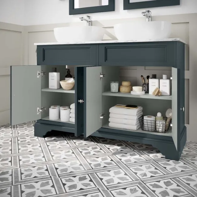 Lucia Inky Blue Double Vanity with Marble Top & Curved Counter Top Basin 1200mm