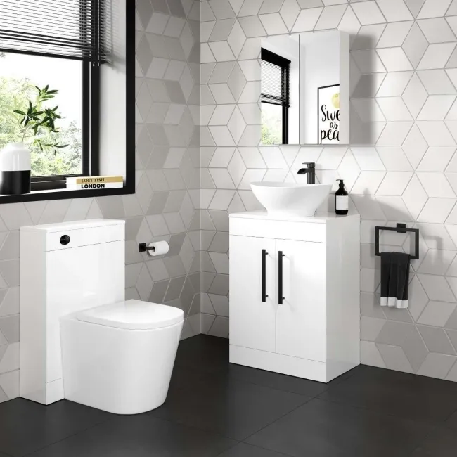 Avon Gloss White Vanity with Oval Counter Top Basin 600mm - Black Accents