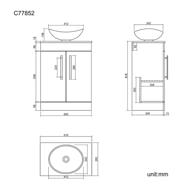 Avon Gloss White Vanity with Oval Counter Top Basin 600mm - Black Accents
