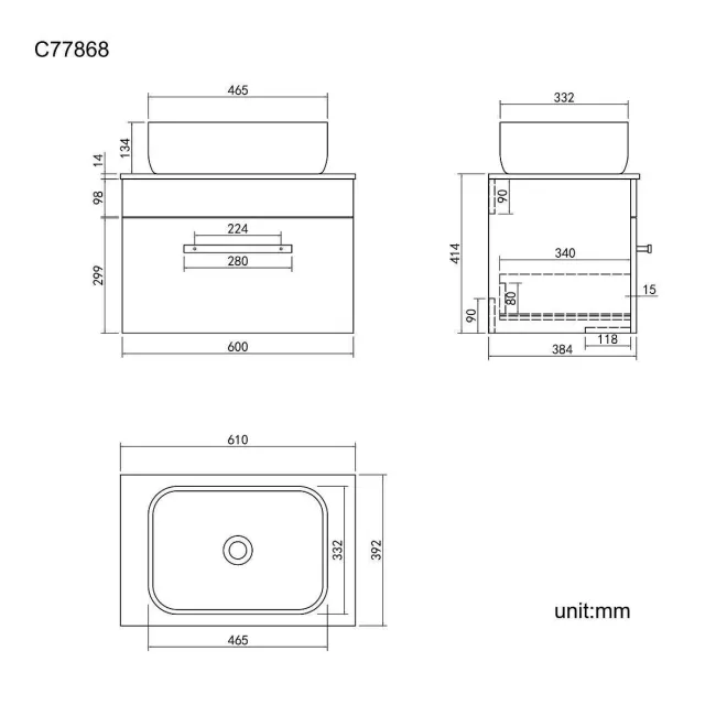 Avon Gloss White Wall Hung Drawer Vanity with Marble Top & Curved Counter Top Basin 600mm - Black Accents