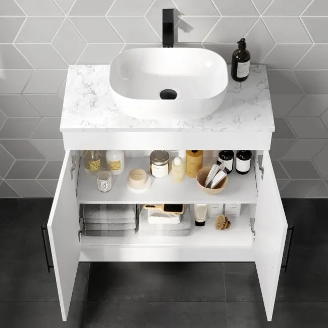 Avon Gloss White Vanity with Marble Top & Curved Counter Top Basin 800mm - Black Accents