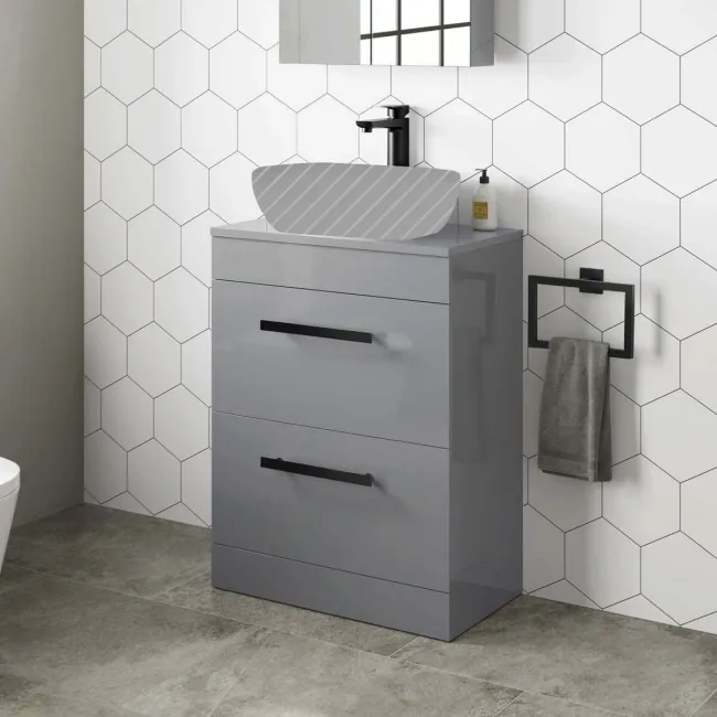 Avon Stone Grey Counter Top Drawer Vanity 600mm - Black Accents