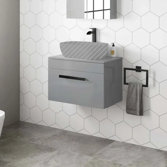 Avon Stone Grey Wall Hung Counter Top Vanity 600mm - Black Accents