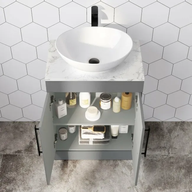 Avon Stone Grey Vanity with Marble Top & Oval Counter Top Basin 600mm - Black Accents