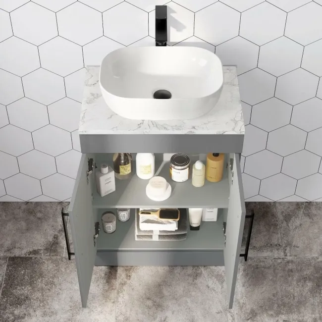Avon Stone Grey Vanity with Marble Top & Curved Counter Top Basin 600mm - Black Accents
