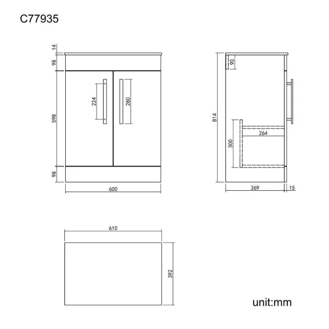 Avon Stone Grey Counter Top Vanity with Marble Top 600mm - Black Accents