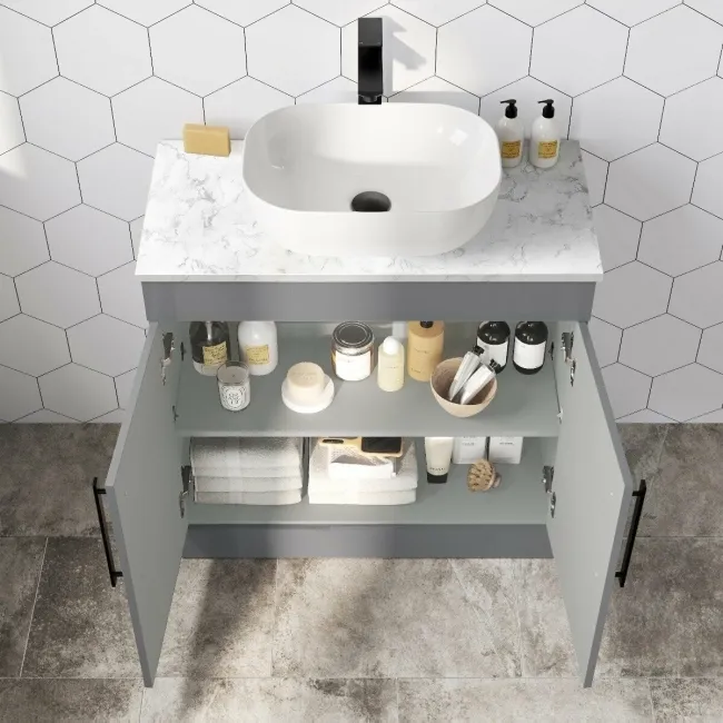 Avon Stone Grey Vanity with Marble Top & Curved Counter Top Basin 800mm - Black Accents