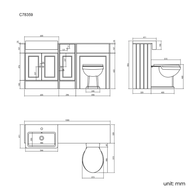 Monaco Chalk White Combination Vanity Basin with Marble Top and Hudson Toilet with Wooden Seat 1500mm