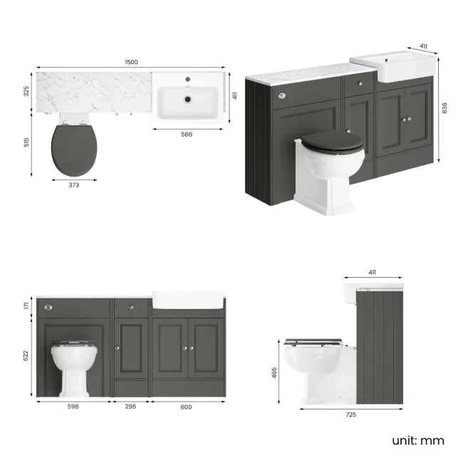 Monaco Graphite Grey Combination Vanity Basin with Marble Top and Hudson Toilet with Wooden Seat 1500mm