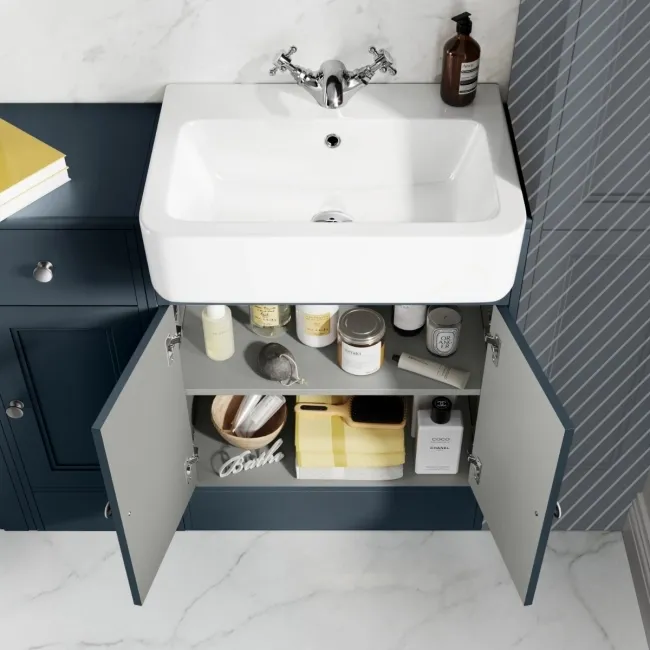 Monaco Inky Blue Combination Vanity Basin and Hudson Toilet with Wooden Seat 1500mm