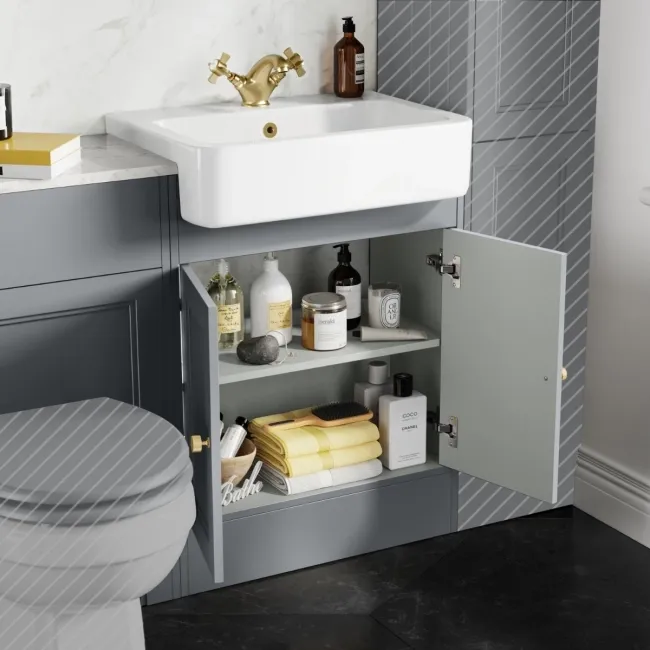 Monaco Dove Grey Combination Vanity Basin with Marble Top 1200mm (Excludes Pan & Cistern) - Brushed Brass Accents