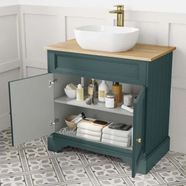 Lucia Midnight Green Vanity with Oak Effect Top & Curved Counter Top Basin 840mm - Brushed Brass Accents