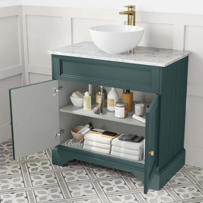Lucia Midnight Green Vanity with Marble Top & Round Counter Top Basin 840mm - Brushed Brass Accents