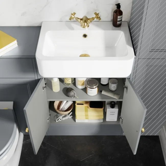 Monaco Dove Grey Combination Vanity Basin and Hudson Toilet with Wooden Seat 1200mm - Brushed Brass Accents