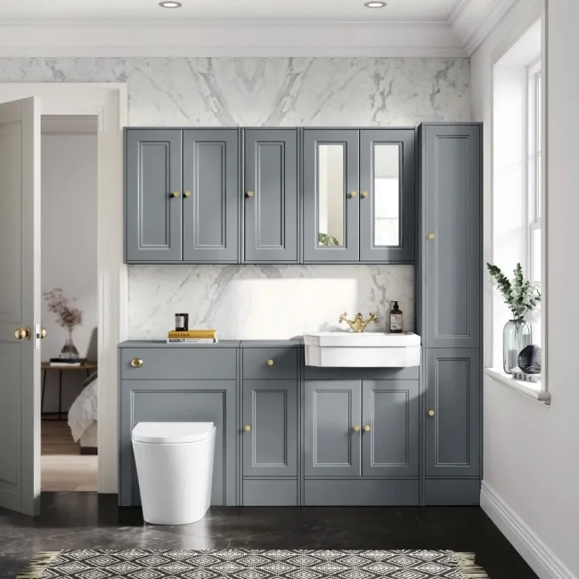 Monaco Dove Grey Combination Vanity Traditional Basin and Boston Toilet 1500mm - Brushed Brass Accents