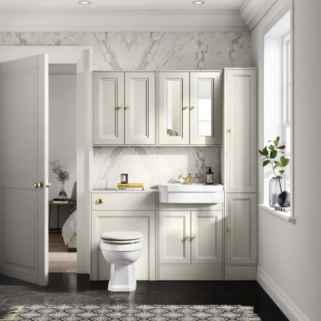 Monaco Chalk White Combination Vanity Traditional Basin with Marble Top & Hudson Toilet with Wooden Seat 1200mm - Brushed Brass Accents