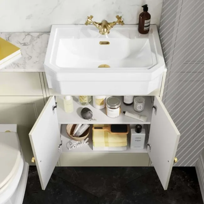 Monaco Chalk White Combination Vanity Traditional Basin with Marble Top & Hudson Toilet with Wooden Seat 1200mm - Brushed Brass Accents