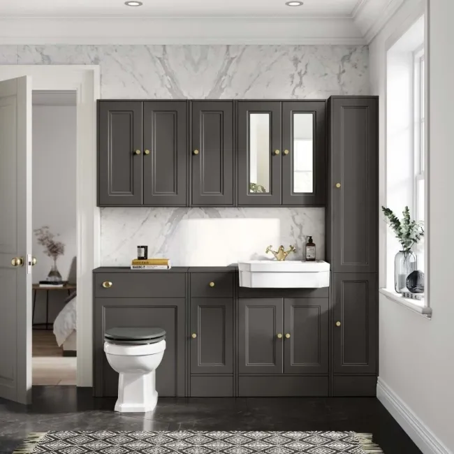 Monaco Graphite Grey Combination Vanity Traditional Basin and Hudson Toilet with Wooden Seat 1500mm - Brushed Brass Accents
