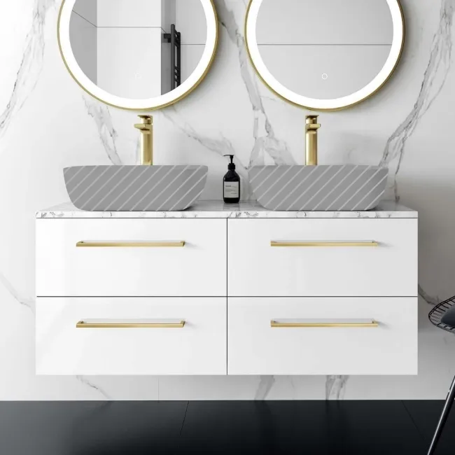 Elba Gloss White Wall Hung Drawer with Marble Top 1200mm Excludes Basins - Brushed Brass Accents
