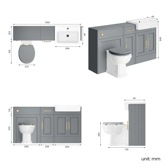 Monaco Dove Grey Combination Vanity Basin and Hudson Toilet with Wooden Seat 1500mm - Brass Knurled Handles