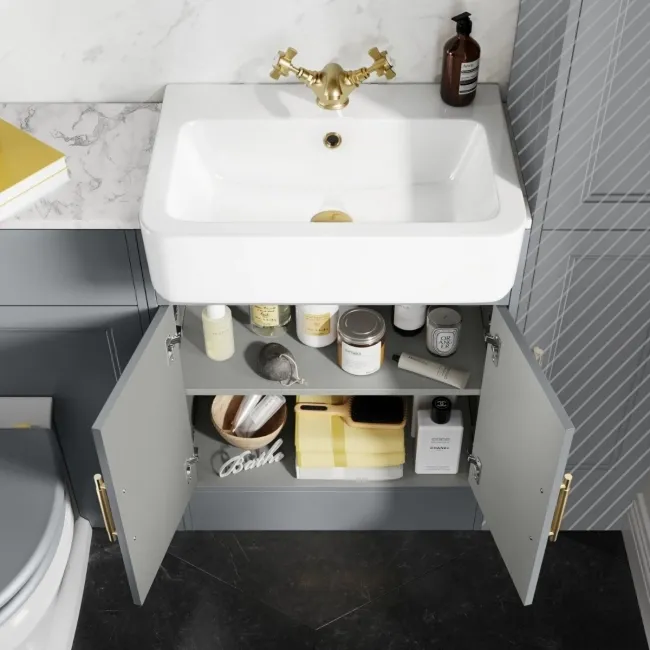 Monaco Dove Grey Combination Vanity Basin with Marble Top & Hudson Toilet with Wooden Seat 1200mm - Brass Knurled Handles