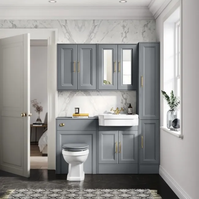 Monaco Dove Grey Combination Vanity Traditional Basin and Hudson Toilet with Wooden Seat 1200mm - Brass Knurled Handles