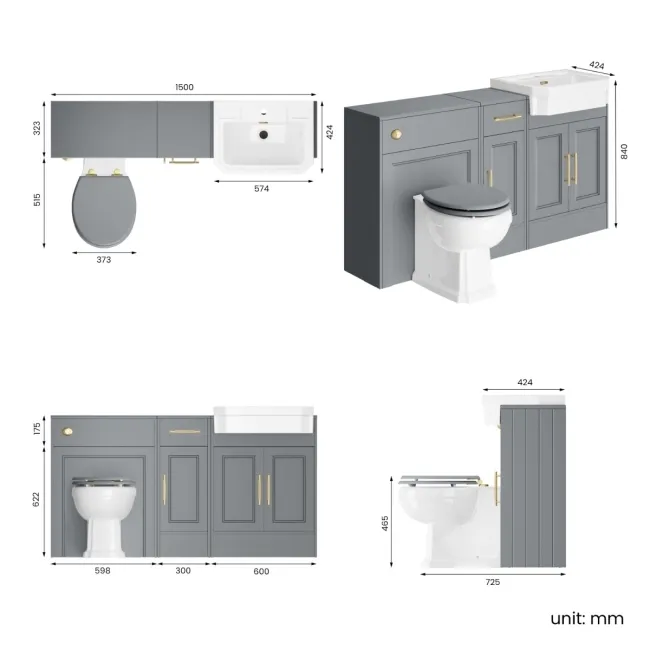 Monaco Dove Grey Combination Vanity Traditional Basin and Hudson Toilet with Wooden Seat 1500mm - Brass Knurled Handles