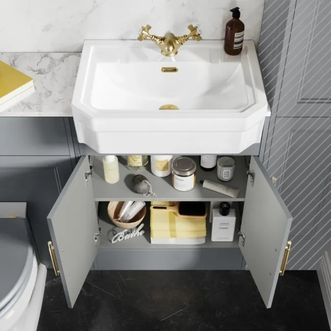 Monaco Dove Grey Combination Vanity Traditional Basin with Marble Top & Hudson Toilet with Wooden Seat 1200mm - Brass Knurled Handles