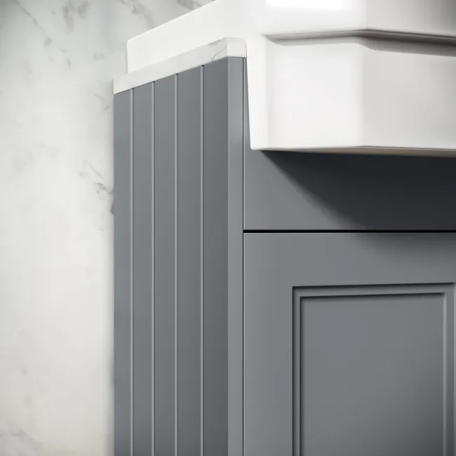 Monaco Dove Grey Combination Vanity Traditional Basin with Marble Top & Hudson Toilet with Wooden Seat 1200mm - Brass Knurled Handles