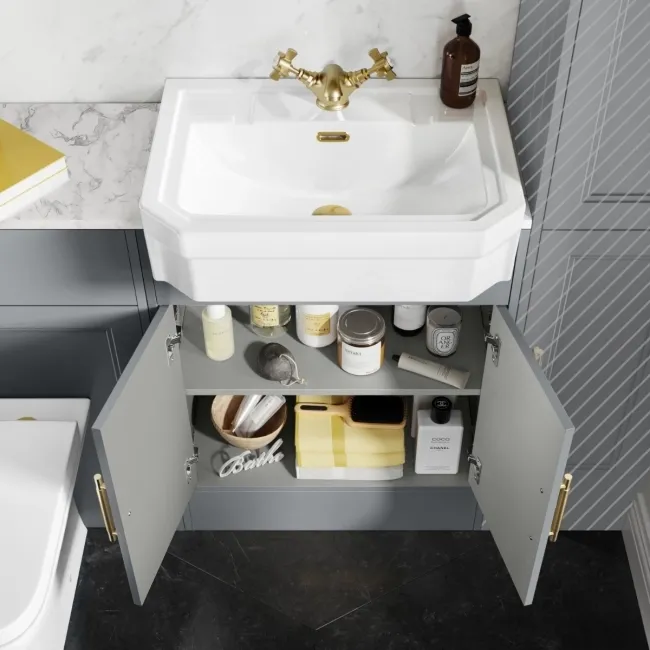 Monaco Dove Grey Combination Vanity Traditional Basin with Marble Top & Atlanta Toilet 1200mm - Brass Knurled Handles