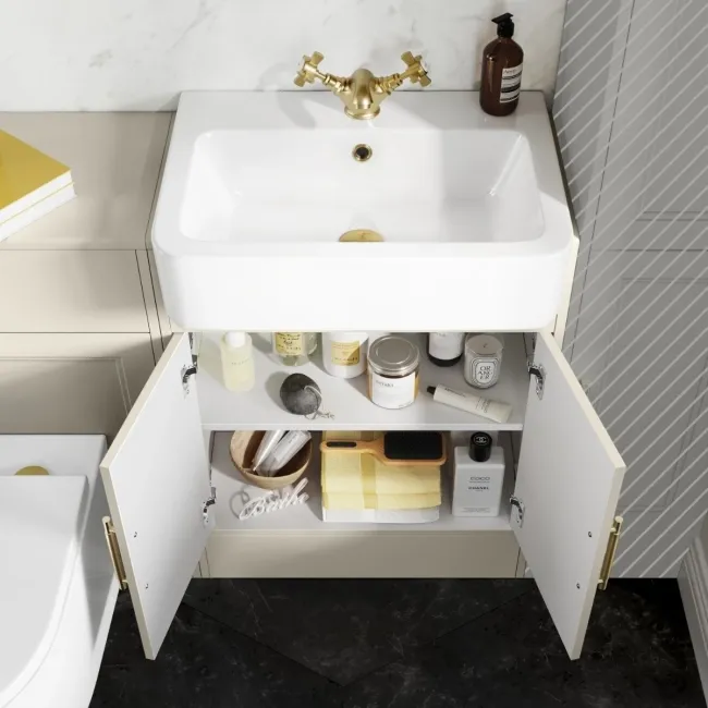 Monaco Chalk White Combination Vanity Basin and Boston Toilet 1200mm - Brass Knurled Handles