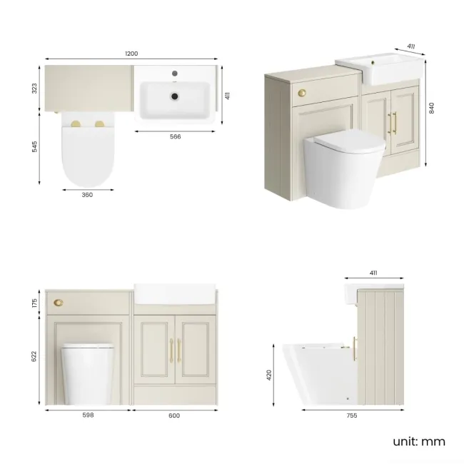 Monaco Chalk White Combination Vanity Basin and Boston Toilet 1200mm - Brass Knurled Handles