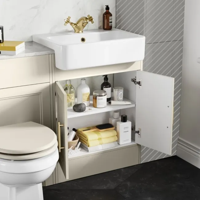 Monaco Chalk White Combination Vanity Basin with Marble Top & Hudson Toilet with Wooden Seat 1200mm - Brass Knurled Handles