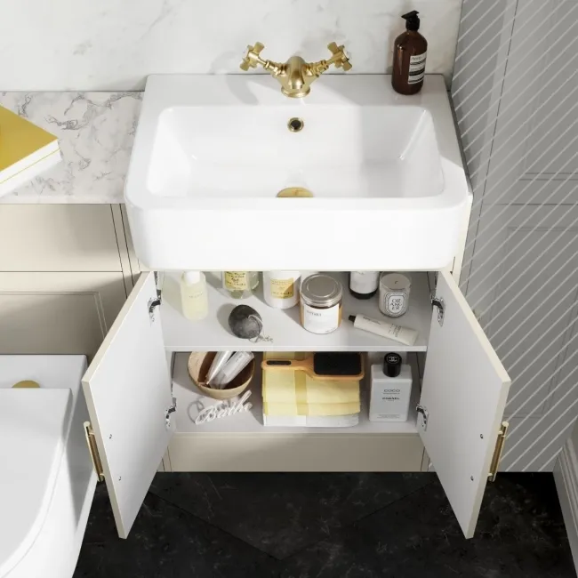 Monaco Chalk White Combination Vanity Basin with Marble Top & Boston Toilet 1200mm - Brass Knurled Handles