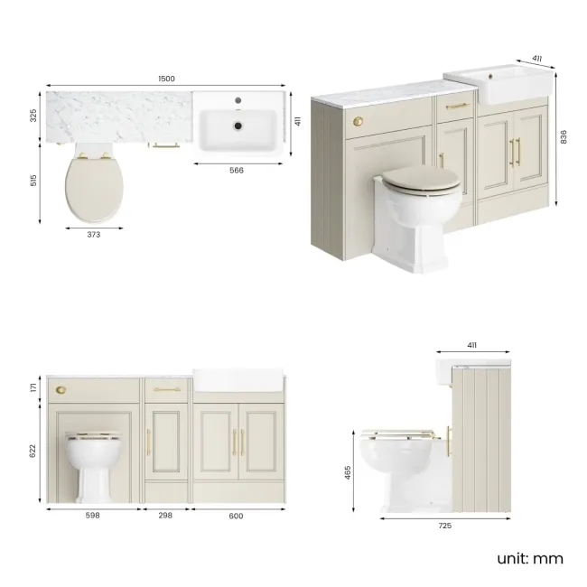Monaco Chalk White Combination Vanity Basin with Marble Top and Hudson Toilet with Wooden Seat 1500mm - Brass Knurled Handles
