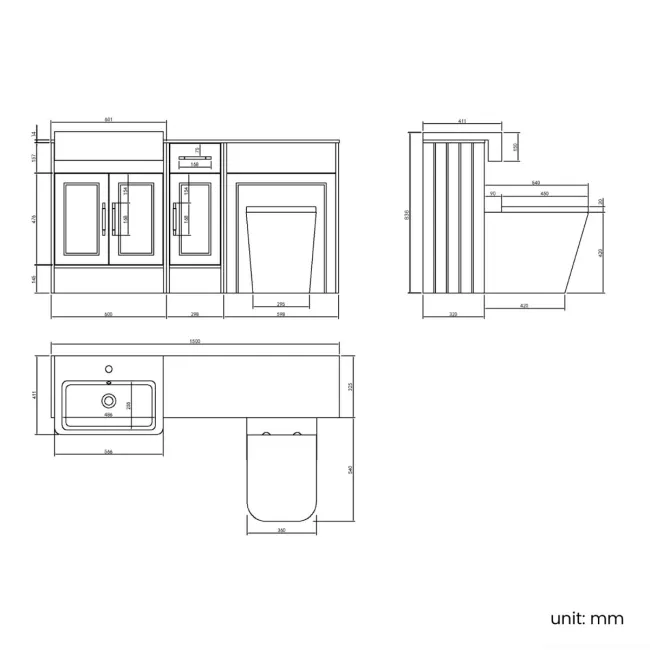 Monaco Chalk White Combination Vanity Basin with Marble Top and Boston Toilet 1500mm - Brass Knurled Handles