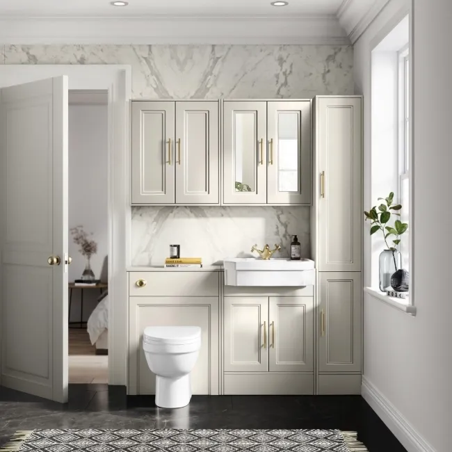 Monaco Chalk White Combination Vanity Traditional Basin and Seattle Toilet 1200mm - Brass Knurled Handles