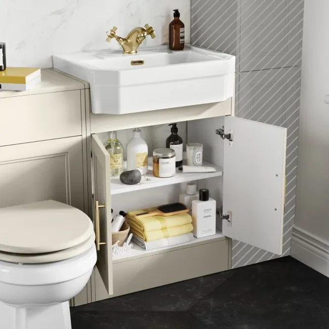 Monaco Chalk White Combination Vanity Traditional Basin and Hudson Toilet with Wooden Seat 1200mm - Brass Knurled Handles