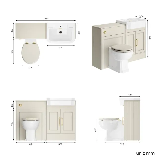 Monaco Chalk White Combination Vanity Traditional Basin and Hudson Toilet with Wooden Seat 1200mm - Brass Knurled Handles