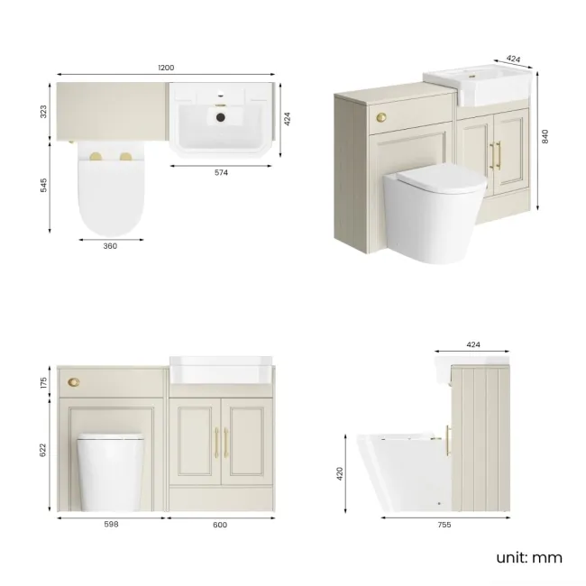 Monaco Chalk White Combination Vanity Traditional Basin and Boston Toilet 1200mm - Brass Knurled Handles