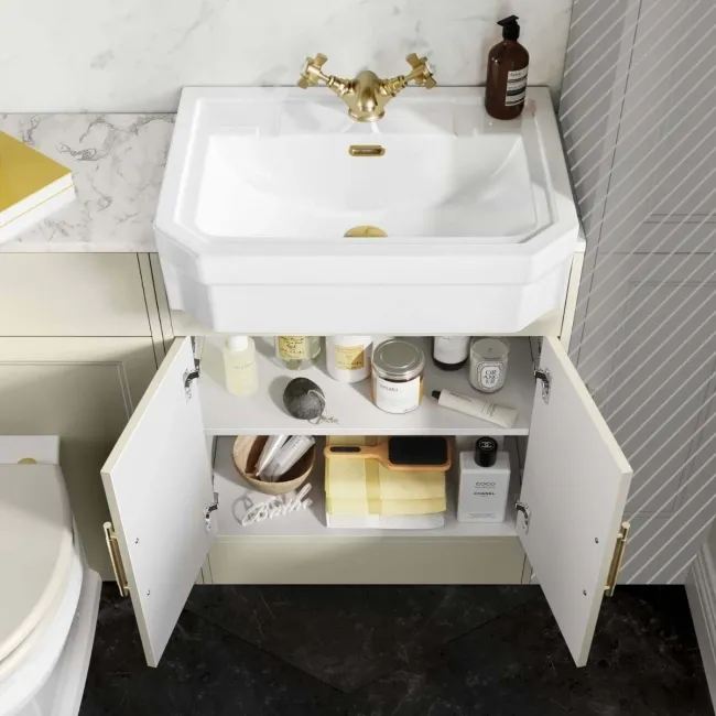 Monaco Chalk White Combination Vanity Traditional Basin with Marble Top & Hudson Toilet with Wooden Seat 1200mm - Brass Knurled Handles
