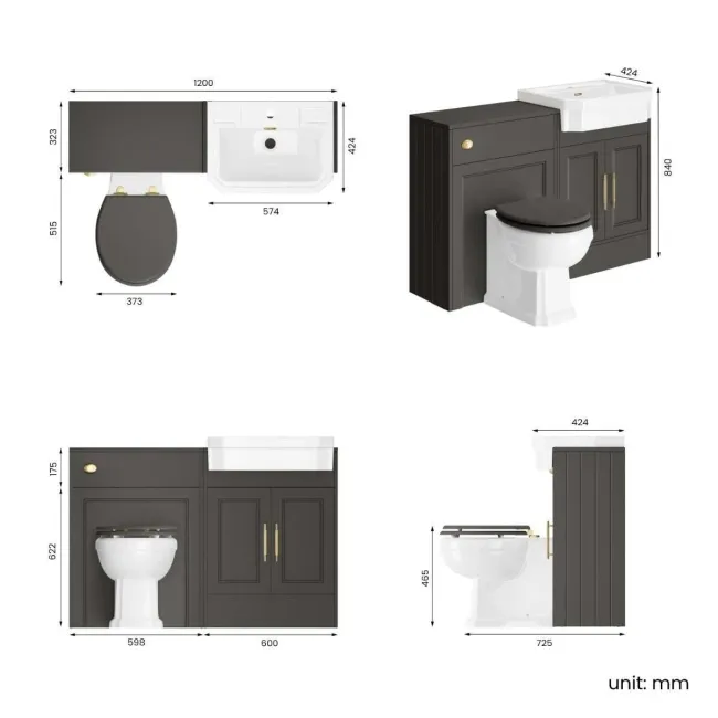 Monaco Graphite Grey Combination Vanity Traditional Basin and Hudson Toilet with Wooden Seat 1200mm - Brass Knurled Handles