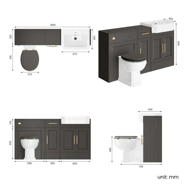 Monaco Graphite Grey Combination Vanity Traditional Basin and Hudson Toilet with Wooden Seat 1500mm - Brass Knurled Handles