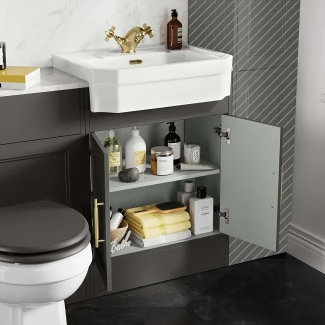 Monaco Graphite Grey Combination Vanity Traditional Basin with Marble Top & Hudson Toilet with Wooden Seat 1200mm - Brass Knurled Handles