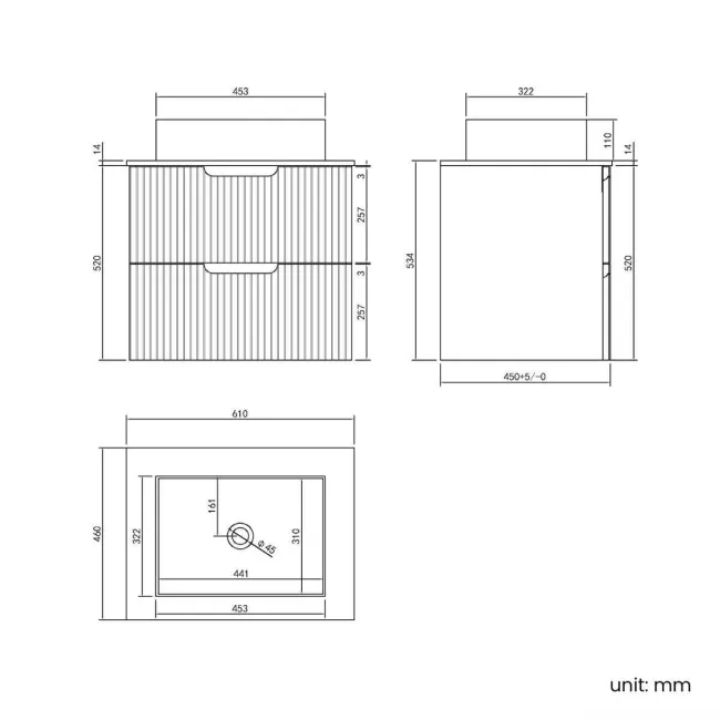 Crete Fluted Linen White Wall Hung Drawer Vanity with Marble Top & Cody Basin 600mm