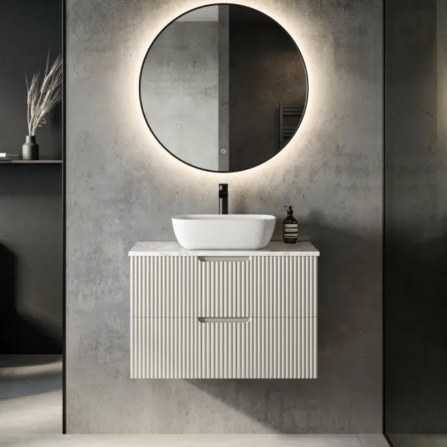 Crete Fluted Linen White Wall Hung Drawer Vanity with Marble Top & Curved Basin 800mm