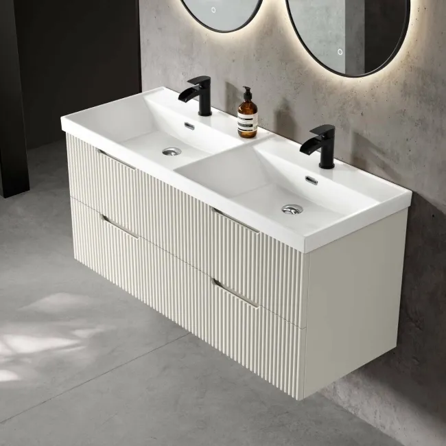 Crete Fluted Linen White Wall Hung Double Basin Drawer Vanity 1200mm