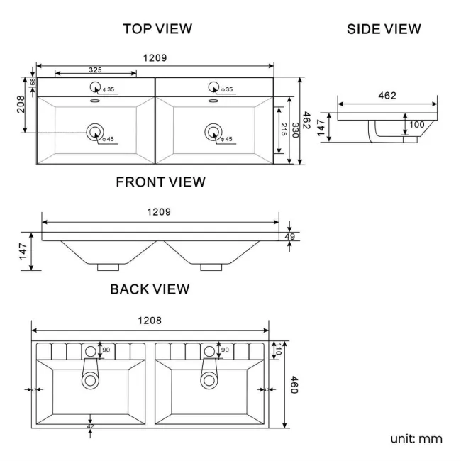 Crete Fluted Linen White Wall Hung Double Basin Drawer Vanity 1200mm