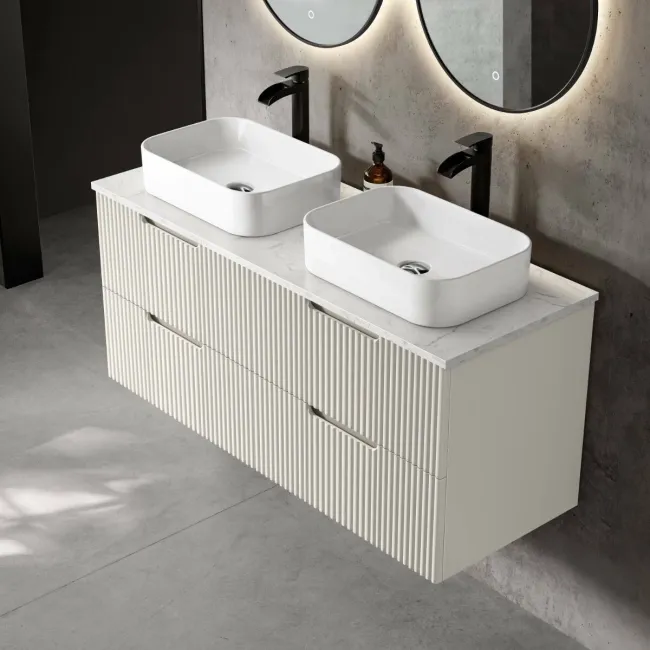 Crete Fluted Linen White Double Wall Hung Drawer Vanity with Marble Top & Marin Basin 1200mm