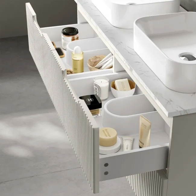 Crete Fluted Linen White Double Wall Hung Drawer Vanity with Marble Top & Marin Basin 1200mm